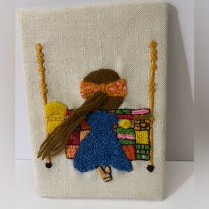 Vintage Finished Crewel Little Girl, 70s Needlepoint Wall Art Ready for framing
